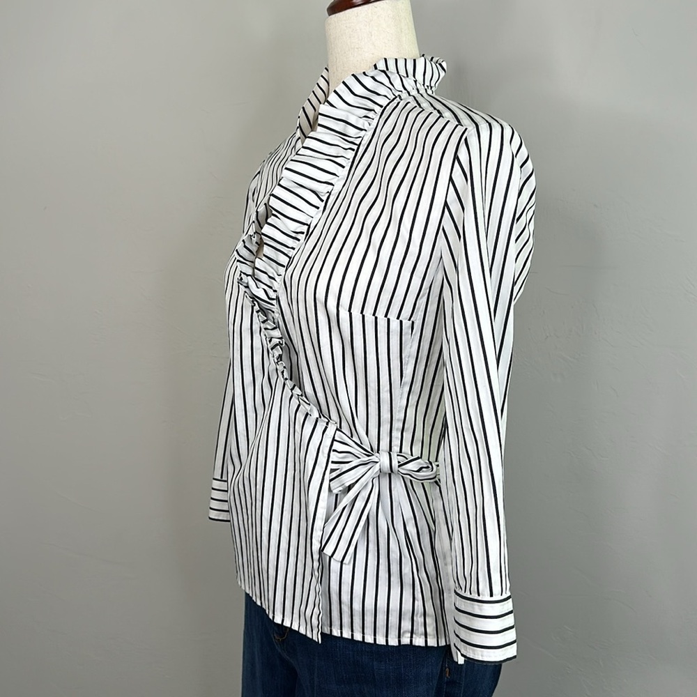 Per Se Women's Black & White Stripe Ruffle Trim Wrap Blouse - Picture 3 of 5